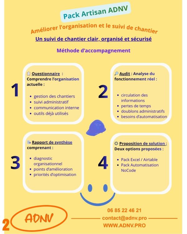Une méthode pensée pour suivre les devis, les chantiers et les informations importantes plus simplement.
